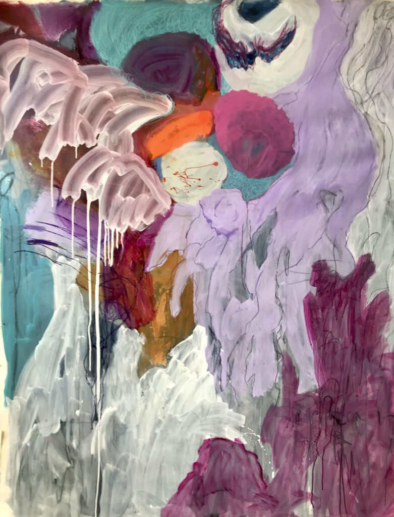 Where the rivers meet, acrylic & crayon on paper by Suzanne Bethell