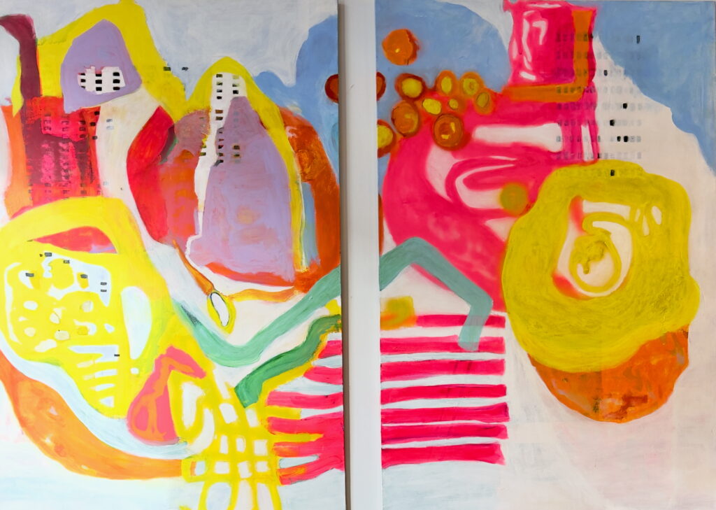 Sieze the Day (diptych) acrylic, spray paint & collage on canvas, (2026)